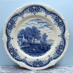3 Dinner Lunch Plates Grindley England Blue Transferware Scenes After Constable